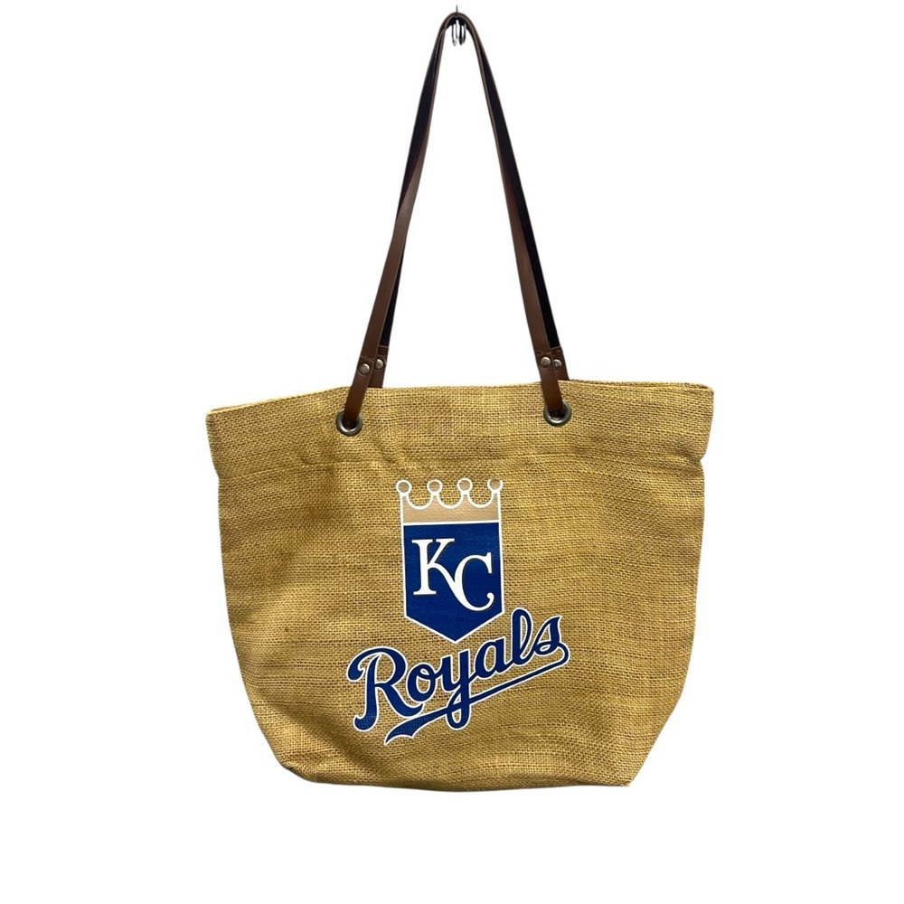 MLB Kansas City Royals Tote Brown Burlap Leather Straps Large‎ Canvas Lined